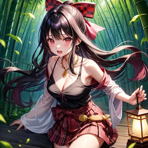 Pink-black hair、red eyes、one good looking girl、solo、anime、plaid mini skirt、black camisole、black t-shirt、kimono、wearing a ribbon、ribbon at waist、stone slabs are piled up、crystal earrings、jewelry necklace、Light and shadow、clock、petal、tilting one&#39;s face、t...