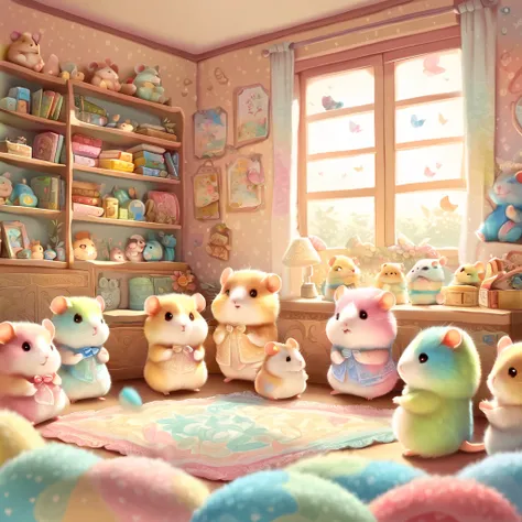 cuteAn illustration,hamsterの幼稚園,hamsterの親子:animal:cute:Snuggle up close:sleep:comfortable and warm:looks happy,An illustration,pop,colorfulに,color,dim,lamp light,hamsterの親子が眠っています:dream happy dreams,The room is warm and full of happiness,,colorful,fancy,fa...