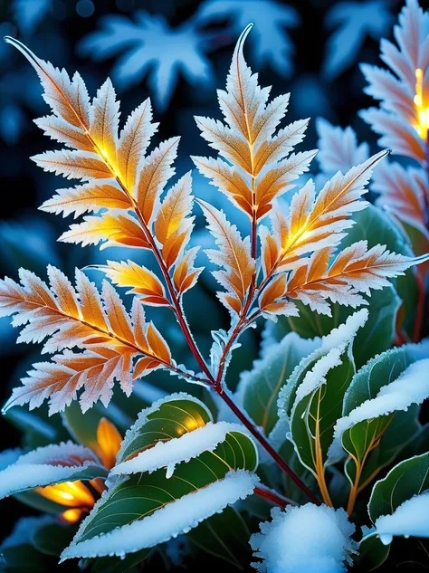 lighting art,Best quality, Masterpiece
Macro photography,glowing ice crystals Leaves and Flowers, glowing snow, patterns,rich details,selective focus,depth of field,blur, Bokeh,32K,
,National Geographic Magazine Style,High definition, ultra-high resolution...