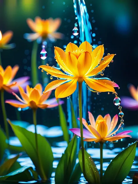 lighting art,Best quality, Masterpiece,
glowing water flowers, splashing, water drop,depth of field,blurry,Bokeh,