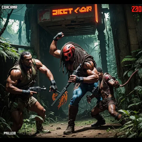 Gameplay of an 80s style arcade game based on horror action film Predator, pixelated, 2 player, controllers are machine guns (Uzis)