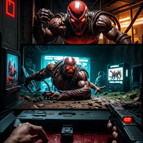 Gameplay of an 80s style arcade game based on horror action film Predator, pixelated, 2 player, controllers are machine guns (Uzis)