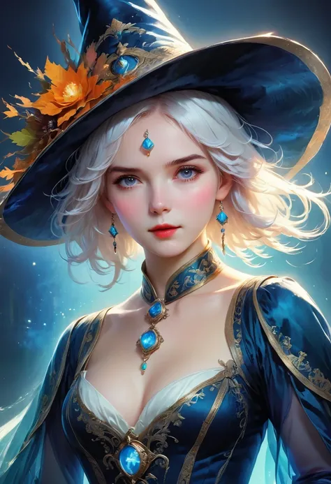 (masterpiece), (artwork), (amazing job), (delicate eyes), (delicate skin), (heterochromatic eyes), (colorful), (Short hair with bangs and white hair), (Bright Eyes), (1 girl) With a witchs hat, 古old, old, Dress in extravagant medieval costumes, masterpiece...