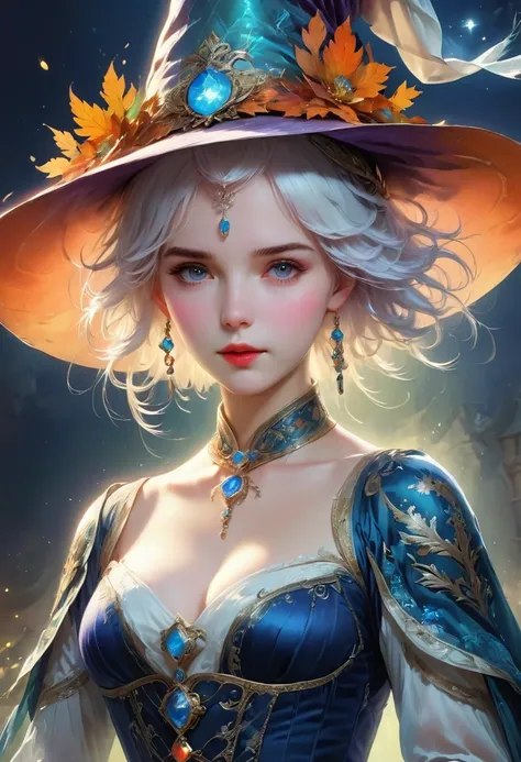 (masterpiece), (artwork), (amazing job), (delicate eyes), (delicate skin), (heterochromatic eyes), (colorful), (Short hair with bangs and white hair), (Bright Eyes), (1 girl) With a witchs hat, 古old, old, Dress in extravagant medieval costumes, masterpiece...