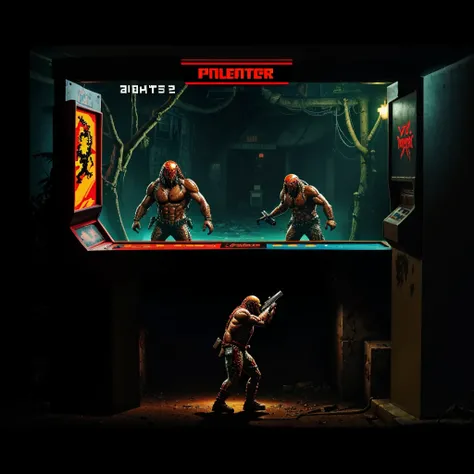 Gameplay of an 80s style arcade game based on horror action film Predator, pixelated, 2 player, controllers are machine guns (Uzis)