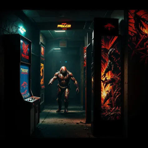 Gameplay of an 80s style arcade game based on horror action film Predator, pixelated, 2 player, controllers are machine guns (Uzis)