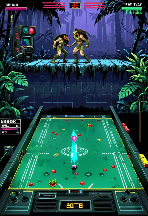 pixelated horror action film Predator gameplay,2 player,Uzi controllers,80s arcade game-inspired,dark ambience,creepy atmosphere,alien jungle setting,vivid and intense colors,perfectly timed jumps,fast-paced action,player vs. predator showdown,explosive ba...