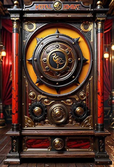 (best quality,4k,highres,masterpiece:1.2),ultra-detailed,realistic:1.37,Mortal Kombat arcade game,steampunk machine,1800s England,holographic gameplay,cloud of steam,vintage,engravings,brass details,ornate design,gears and cogs,mechanical contraption,smoke...