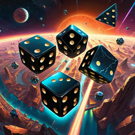 two antique black dice are tossed over our planet in dynamic flight. doubleexposure. hyperrealism. hyperdetalization. gloominess...