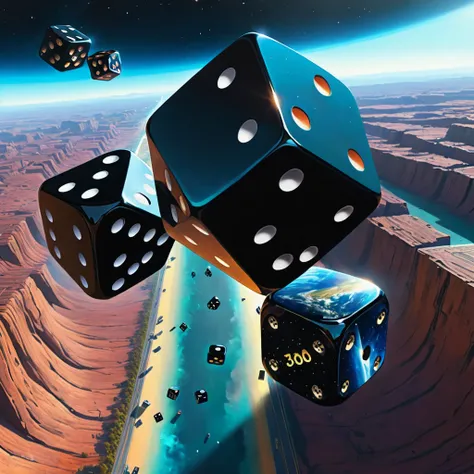 Two antique black dice are tossed over our planet in dynamic flight. Doubleexposure. Hyperrealism. Hyperdetalization. Gloominess. Dramatic. 32k., outer space, vanishing point, super highway, high speed, digital render, digital painting, beeple, noah bradle...