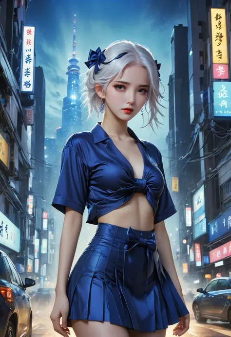 (8K, original photo, masterpiece:1.3), (actual, photo-actual:1.37), (night), (looking at the audience:1.331), (white hair), pose, Tokyo Street, nightcityscape, Cyberpunk City, soft light, 1 girl, extremely beautiful face, broken to pieces, hands down, Rand...