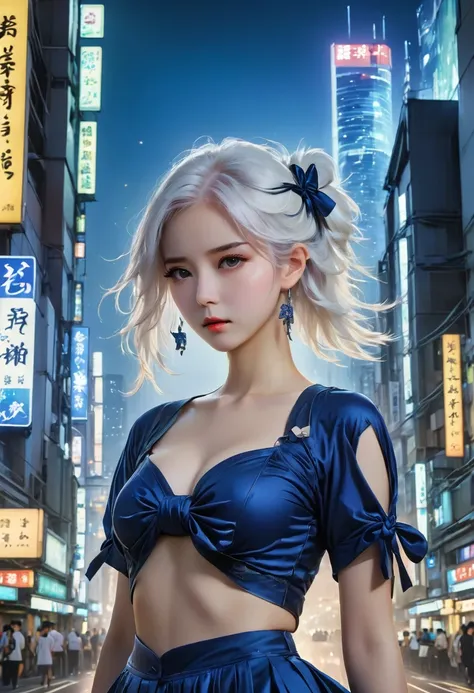 (8K, original photo, masterpiece:1.3), (actual, photo-actual:1.37), (night), (looking at the audience:1.331), (white hair), pose, Tokyo Street, nightcityscape, Cyberpunk City, soft light, 1 girl, extremely beautiful face, broken to pieces, hands down, Rand...