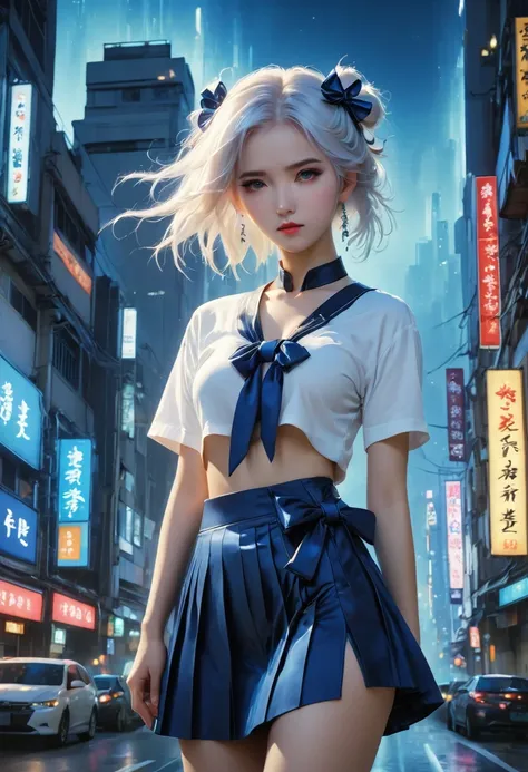 (8K, original photo, masterpiece:1.3), (actual, photo-actual:1.37), (night), (looking at the audience:1.331), (white hair), pose, Tokyo Street, nightcityscape, Cyberpunk City, soft light, 1 girl, extremely beautiful face, broken to pieces, hands down, Rand...