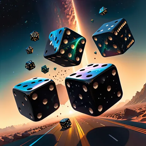 two antique black dice are tossed over our planet in dynamic flight. doubleexposure. hyperrealism. hyperdetalization. gloominess...