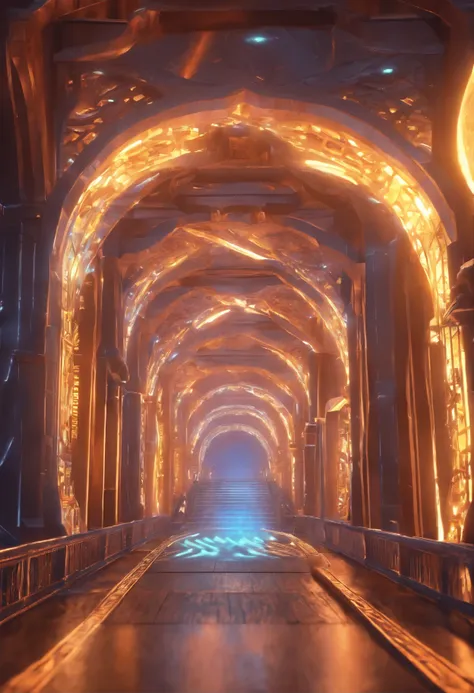 Fantasy bridge with lights, in the middle portal, and a text says imaginative compositor, no character.