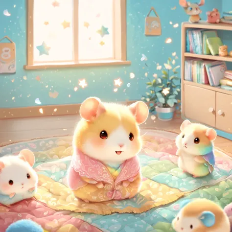 cuteAn illustration,hamsterの幼稚園,hamsterの親子:animal:cute:Snuggle up close:sleep:comfortable and warm:looks happy,An illustration,pop,colorfulに,color,dim,lamp light,hamsterの親子が眠っています:dream happy dreams,The room is warm and full of happiness,,colorful,fancy,fa...