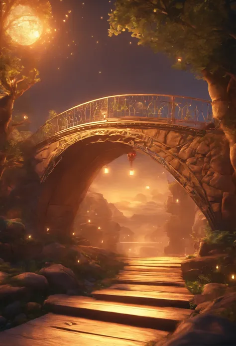 Fantasy bridge with lights, in the middle portal, and a text says imaginative compositor, no character.