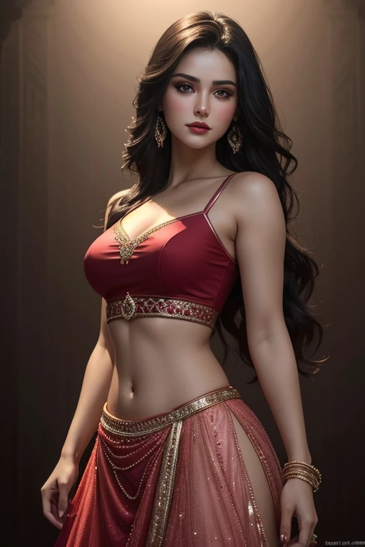 ViSh-style portrait of Fahriye Evcen, red top midriff sleeveless dress collarless dress lehenga, medium wide shot, medium long hair, showcasing symmetry with dark eye makeup enhanced under low red lighting, soft pink lips suggesting hyaluronic acid filler,...