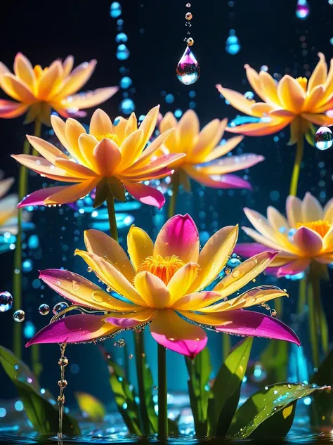 lighting art,Best quality, Masterpiece,
glowing water flowers, splashing, water drop,depth of field,blurry,Bokeh,