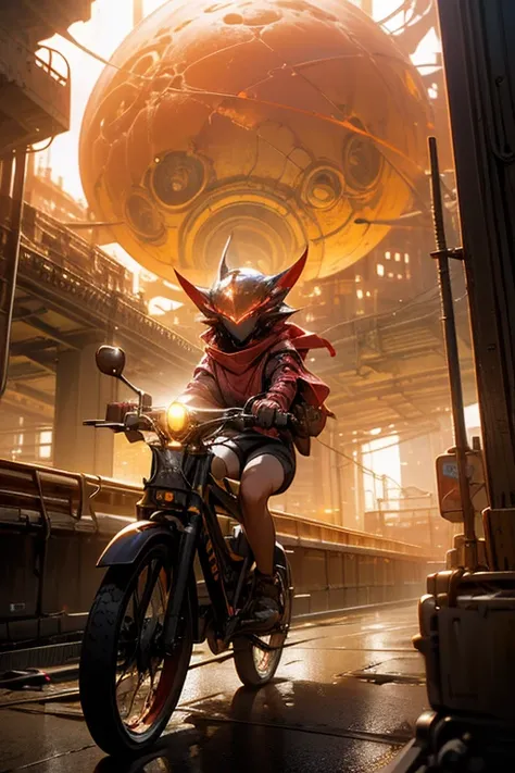 a girl rides a bicycle, in running shorts, short shorts, an image of a futuristic city at night, inspired by Paul Lehr, trending on cgsociety, conceptual art, digital yellow red sun, glowing magma sphere, in a futuristic desert palace, lens flare. occult p...