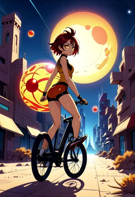 a girl rides a bicycle, in running shorts, short shorts, an image of a futuristic city at night, inspired by Paul Lehr, trending on cgsociety, conceptual art, digital yellow red sun, glowing magma sphere, in a futuristic desert palace, lens flare. occult p...