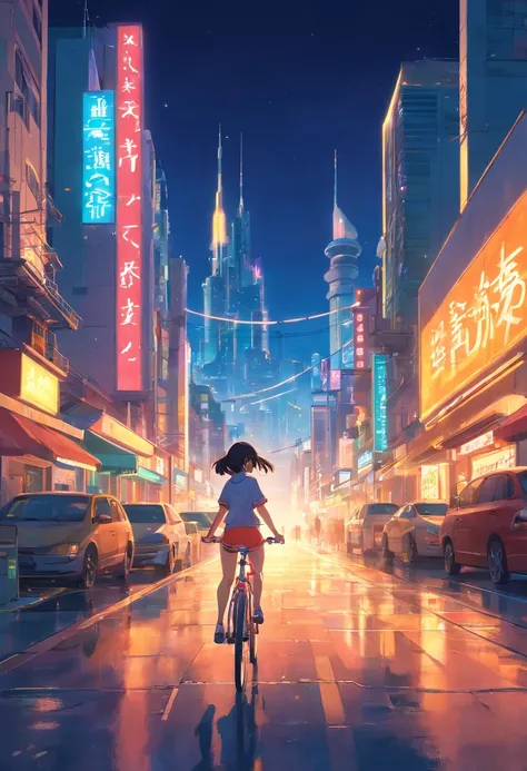 a girl rides a bicycle, in running shorts, short shorts, an image of a futuristic city at night, inspired by Paul Lehr, trending on cgsociety, conceptual art, digital yellow red sun, glowing magma sphere, in a futuristic desert palace, lens flare. occult p...