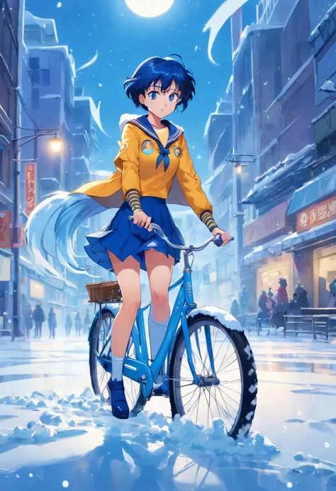 Sailor Mercury rides a bicycle in the Ice and Snow Region.