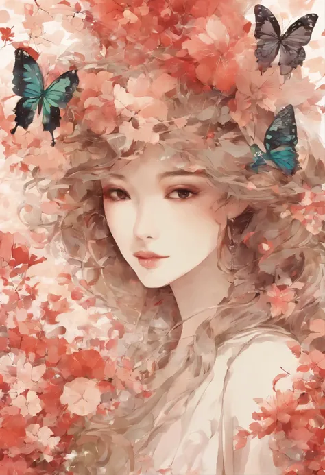 Jeune femme de 20 ans regardant un objectif parce quon la prenait en photo de face. She is surrounded by tropical butterflies, darbres, in a butterfly house. She is captivatingly beautiful, having a pale face of infinite sweetness, devoid of the slightest ...