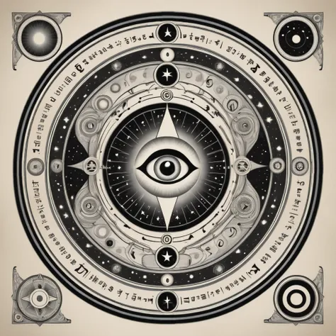 "create a highly detailed, monochromatic circular illustration that features an all-seeing eye at the center, surrounded by vari...