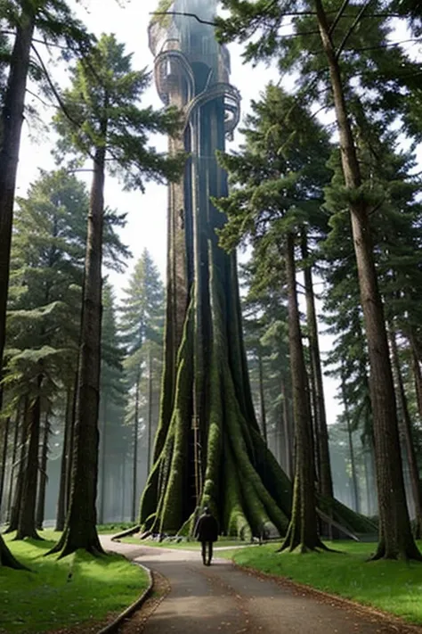 A magical forest with towering trees and mythical creatures