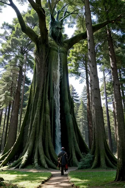 A magical forest with towering trees and mythical creatures