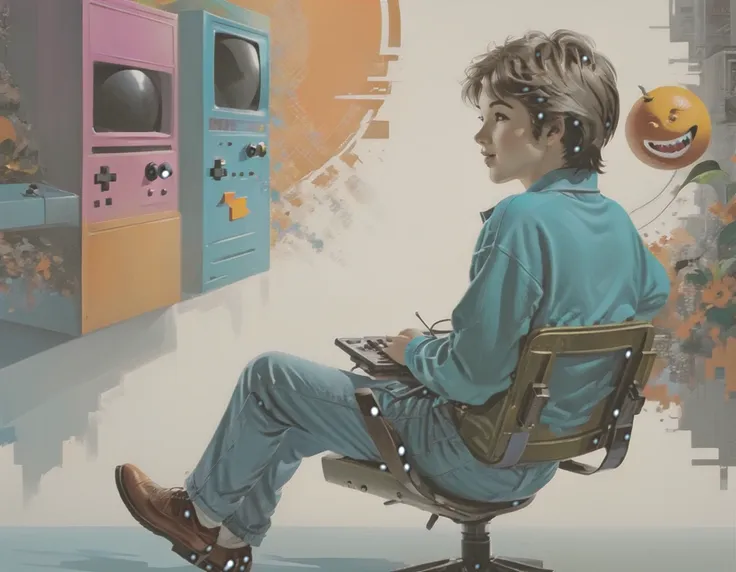 ((masterpiece: 1.5, distant shot, profile: 1.5)). (retro boy playing sitting in a chair in his room, ((playing pac man atari cx-...