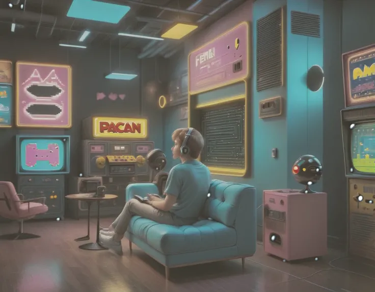 ((masterpiece: 1.5, distant shot, profile: 1.5)). (retro boy playing sitting in a chair in his room, ((playing pac man console a...