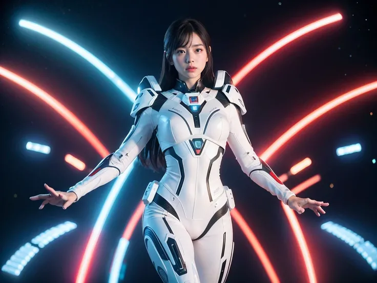 (Raw photo, highest quality), (realistic, Photoreal:1.3), 1 girl、realisticbody、Pleiades space warrior、white and red battle suit skirt、spaceship coming from space、Battle against reptilian aliens、shield and ray gun、serious expression