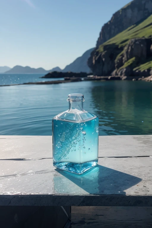 A large bottle of mineral water lies elegantly placed on a table in the sophisticated restaurant. The transparency of the bottle offers a captivating view of the cold, crystal-clear water within, every minute detail of which is meticulously captured in 8K ...