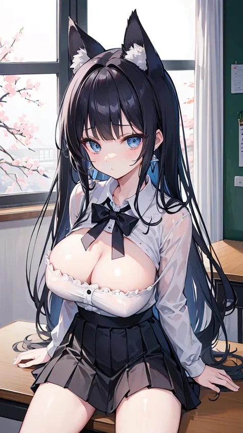 (8K、Highest image quality、best quality、masterpiece)、Detailed face、1 girl、fox ears，handcuffs，collar，black hair、long hair、curls、blunt bangs、light blue eyes、earrings、((very big breasts))、((White乳胶套装))、((Unbutton your chest))、((Black pleated skirt))、((spread l...