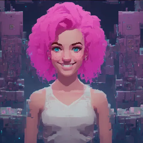 top down video game level design, aerial shot, pixel art, retro game character concept art, smiling girl, pink hair, symmetrical...