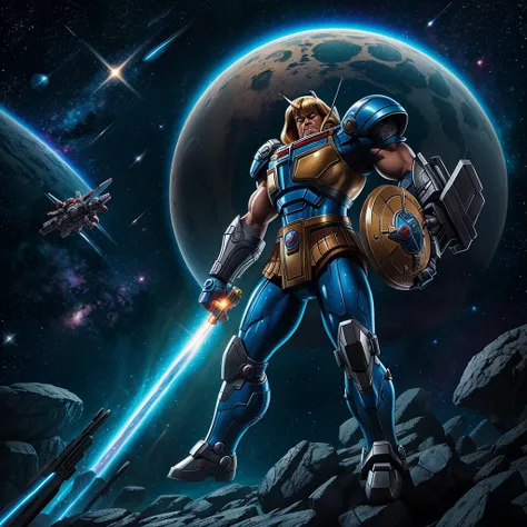 He Man themed super robot, dramatic pose in space, He Man standing on shoulder in space suit