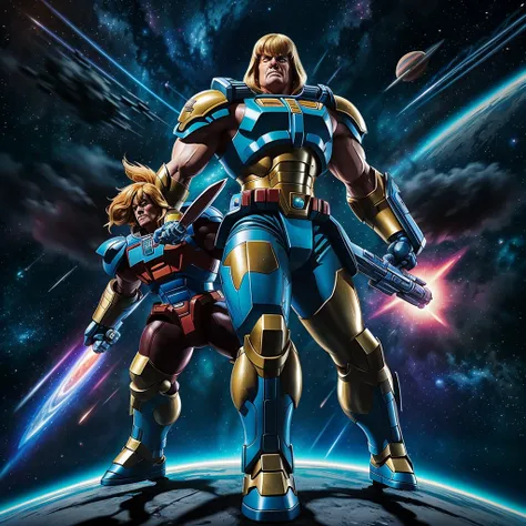 He Man themed super robot, dramatic pose in space, He Man standing on shoulder in space suit