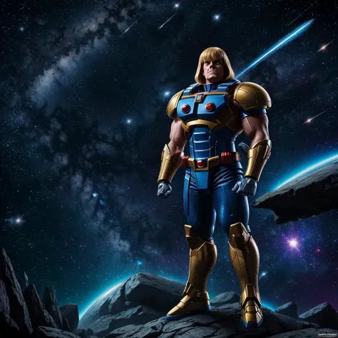 He Man themed super robot, dramatic pose in space, He Man standing on shoulder in space suit