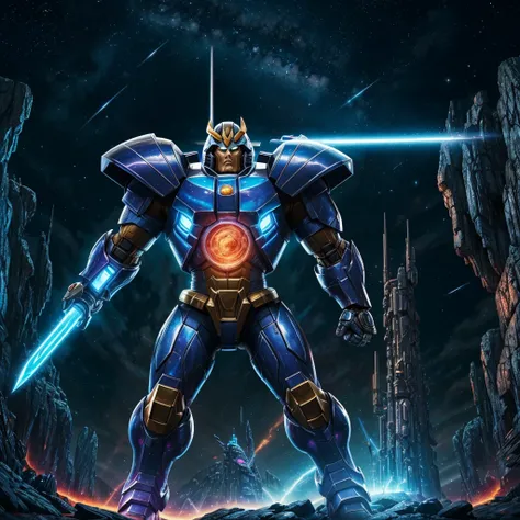 (best quality,highres),he-man themed super robot,heroic pose,standing in space suit on a shoulder,cosmic background,huge and detailed metal structure,glowing energy sword,serious determination in the eyes,vivid colors,sci-fi rendering,dynamic lighting,impr...