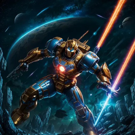 (best quality,highres),he-man themed super robot,heroic pose,standing in space suit on a shoulder,cosmic background,huge and detailed metal structure,glowing energy sword,serious determination in the eyes,vivid colors,sci-fi rendering,dynamic lighting,impr...