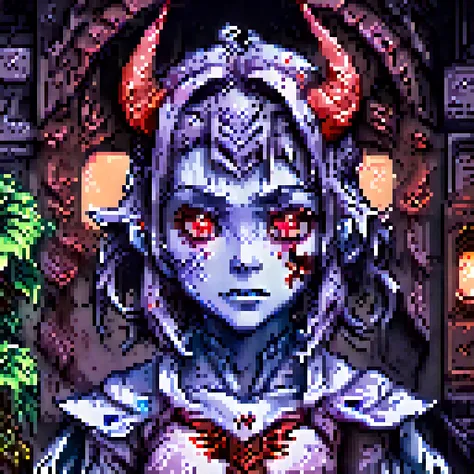 pixel art, retro game card.. anime illustration, a beautiful female demon, dark souls, kawaii, dynamic pose, wide angle, trendin...