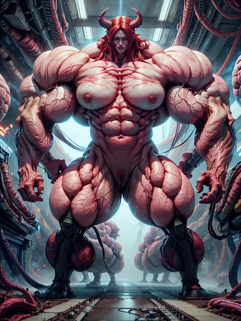 Cinematic, clear facial features and insanely detailed, the image captures the essence of (1 girl), (megan fox:1.25), (long red hair), (carnage skinless bio-mecha:1.25), (1 super muscular undead skinless succubus with gigantic horns:1.25), (covered in red ...