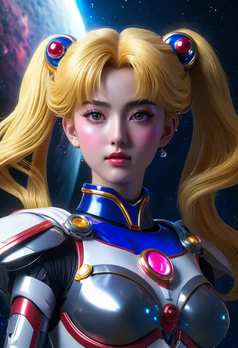 best quality, highres, masterpiece:1.2, ultra-detailed, realistic, HDR, studio lighting, vivid colors, sci-fi, portraits, Sailor Moon themed super robot, dramatic pose in space, sailor moon standing on shoulder in space suit, detailed face, elegant costume...