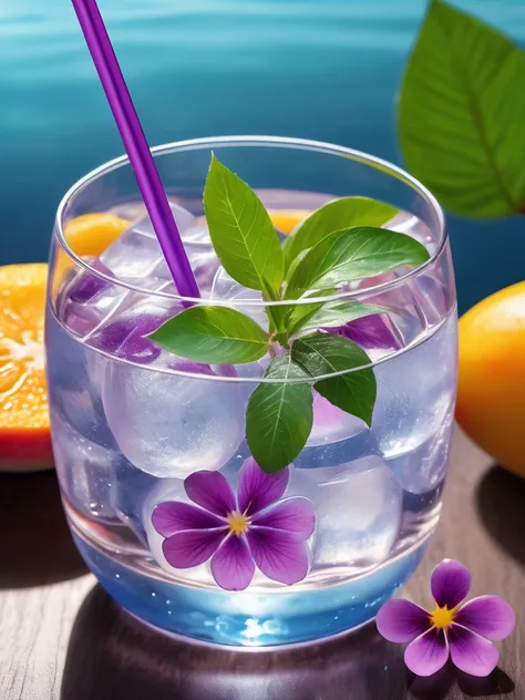 The glass is centered，cleanness，sparkling，Made from purified water、ice cubes、The orange、mangoes、water melon、Soft drink made from small purple flowers，Pure water bright，There are colored straws，There are small purple flowers，The small purple flowers are sma...