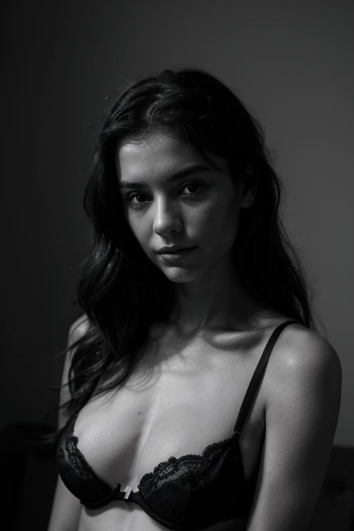 photographie , e noir et blanc , portrait d une jeune femme a peau nue lingerie rose , 4K resolution