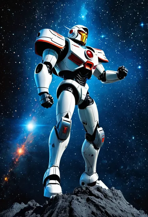 He Man themed super robot, dramatic pose in space, He Man standing on shoulder in space suit