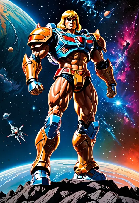 He Man themed super robot, dramatic pose in space, He Man standing on shoulder in space suit