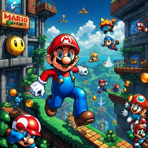 (super mario,rockman,mega man,retro game:1.1),(platform game:1.1),pixel art,old school graphics,(best quality,4k,8k,highres,masterpiece:1.2),vibrant colors,classic 8-bit sound effects,action-packed,exciting gameplay,adventurous levels,detailed backgrounds,...